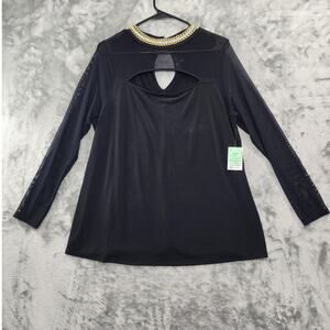 NEW Moa Moa Top Womens 1X Black Sheer Long Sleeve Cutout Chain Rhinestone Detail